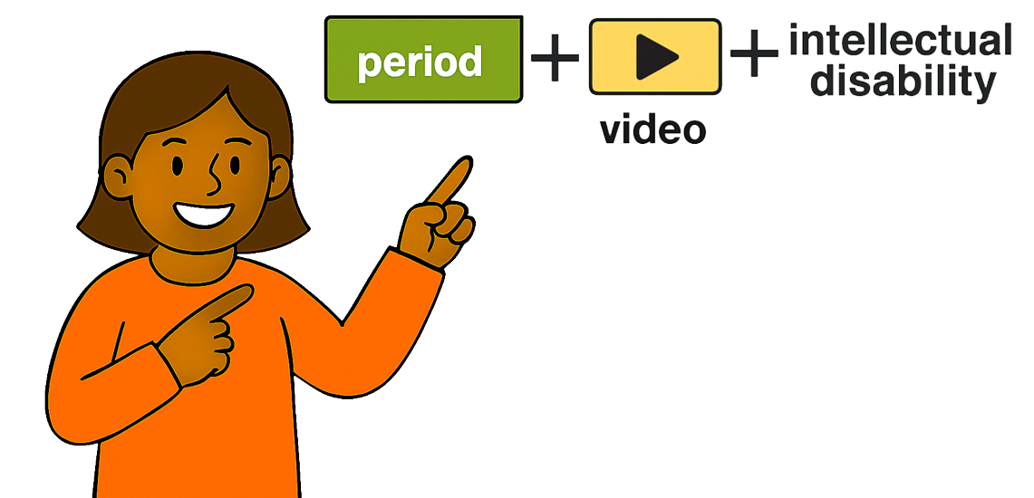 Girl pointing to the words 'period', 'video' and 'intellectual disability' with plus signs between them