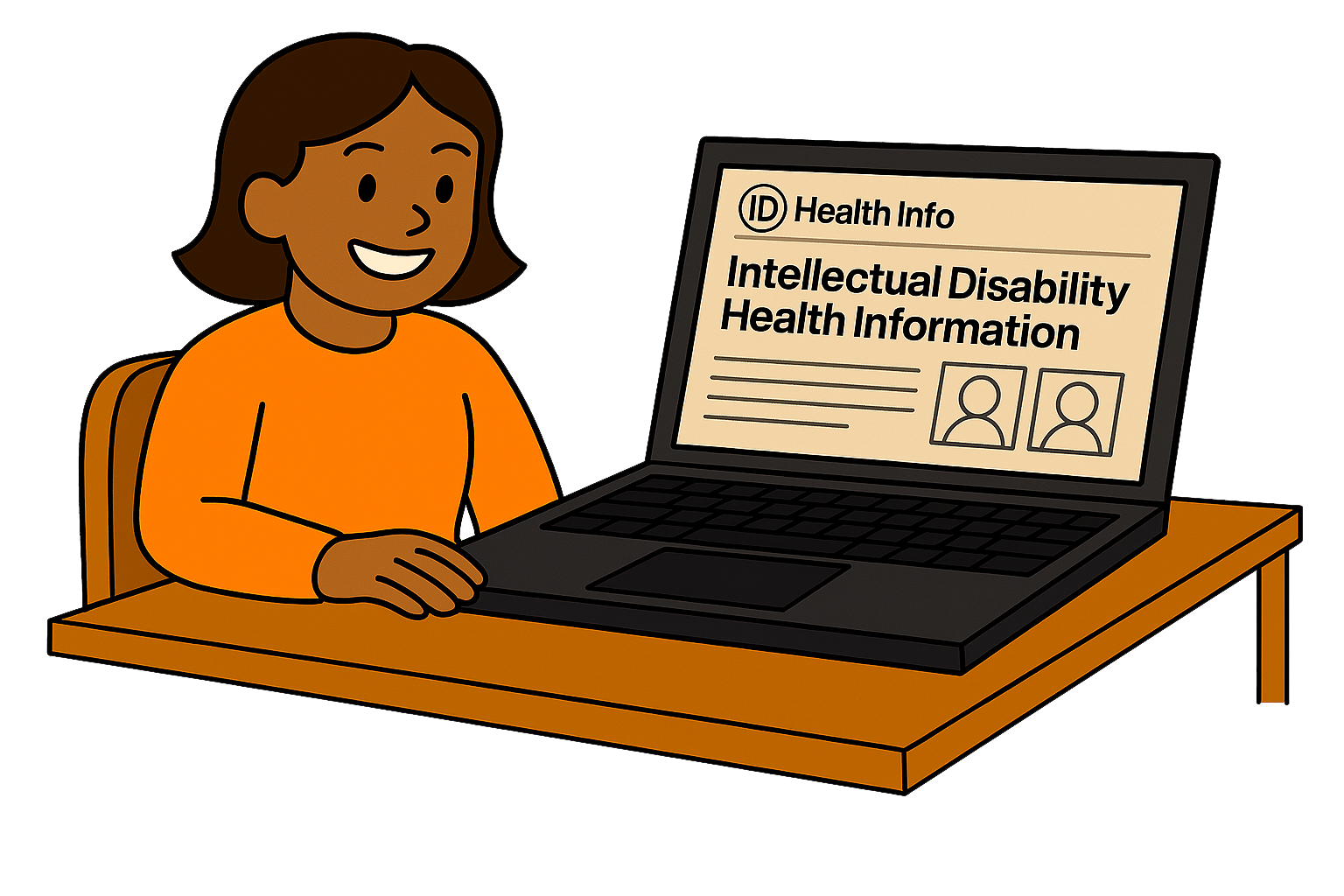 Girl using a laptop that says 'Intellectual Disability Health Information' on the screen