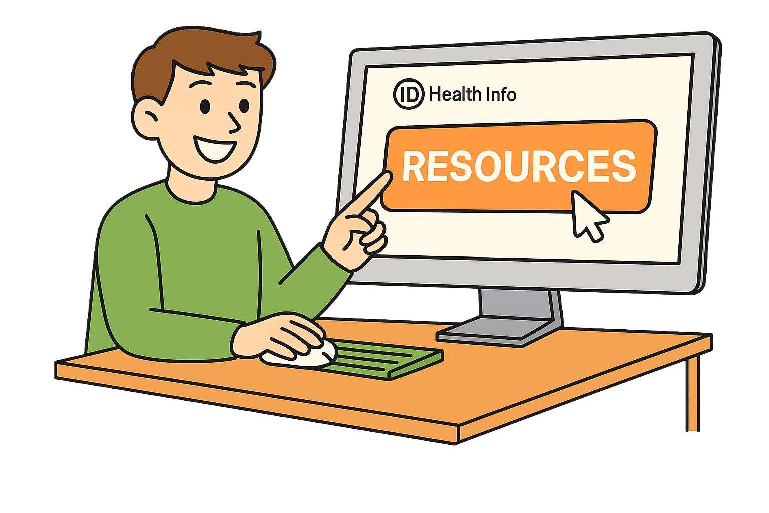 Boy pointing to a button on a computer screen that says 'resources'