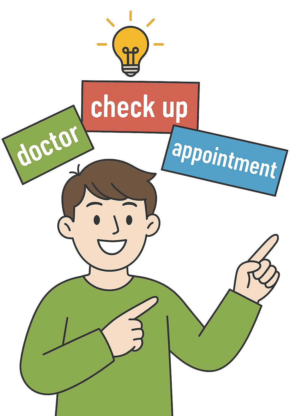Boy pointing to the words ‘doctor’, ‘check up’ and ‘appointment’