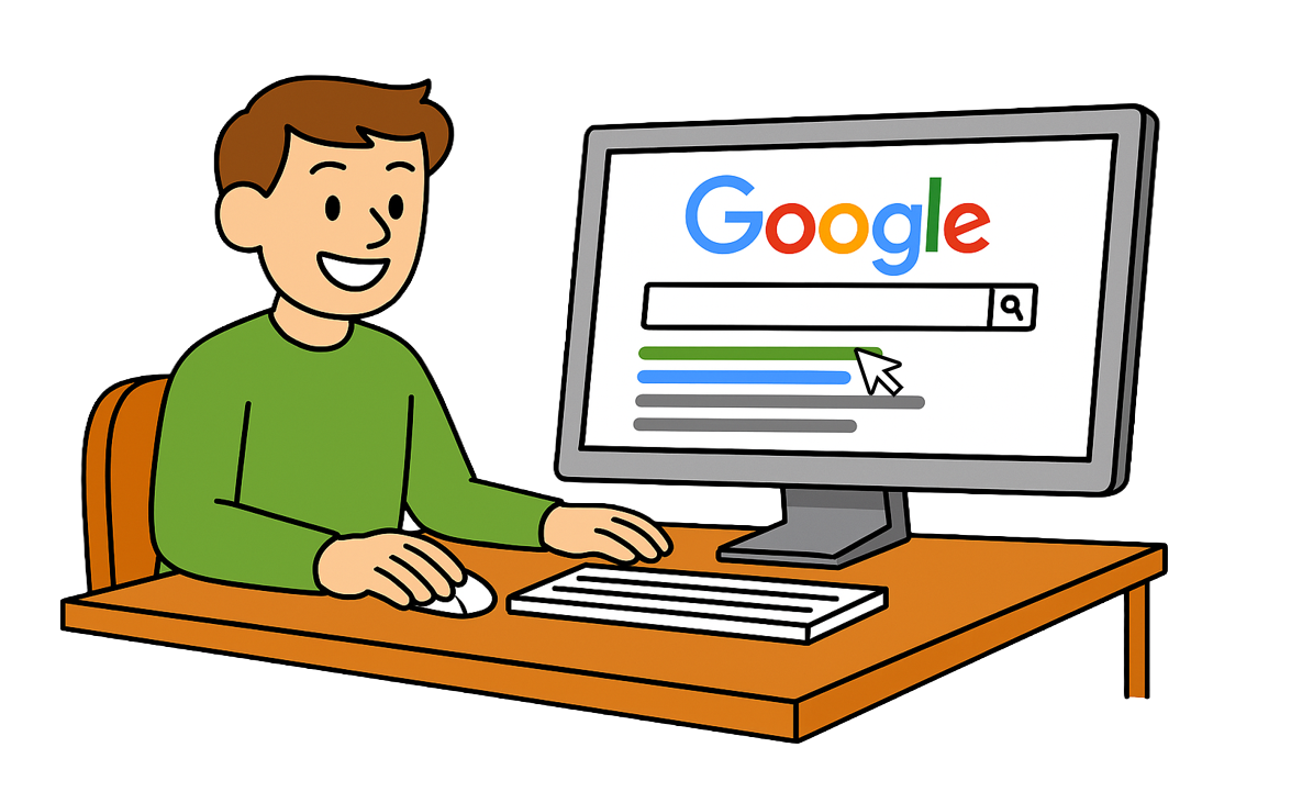 Boy using a computer and choosing a link from Google search results