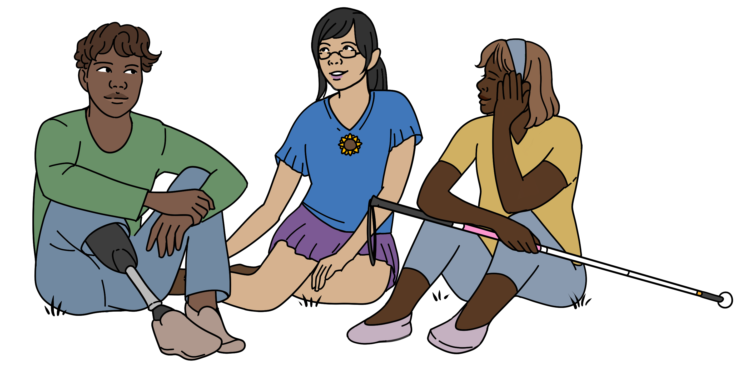 Three people with different disabilities sit on the ground talking together.