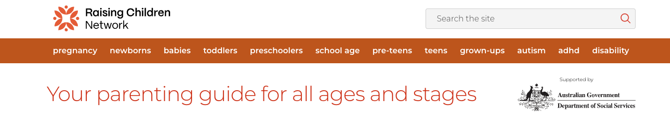 A screenshot of the home page of the Raising Children Network website.